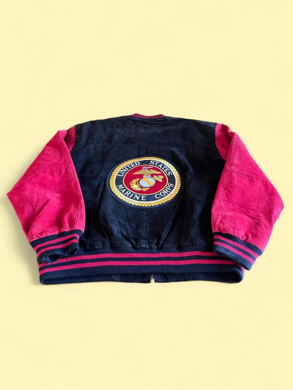 Vintage US Marines Leather Varsity Bomber Jacket Black Red Men’s XL